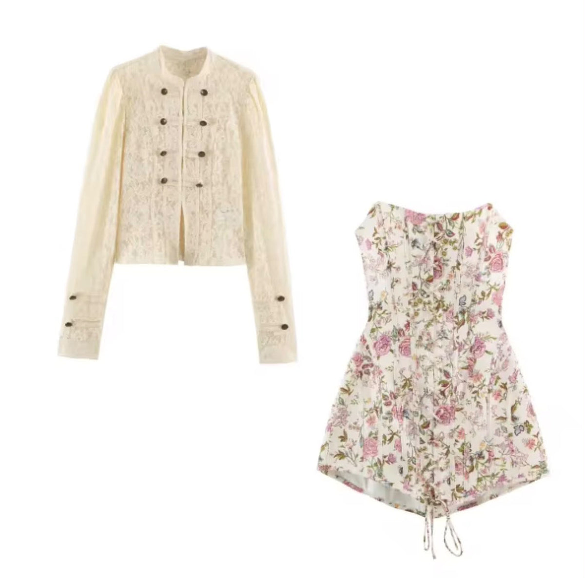 Conjunto elegante de corset minifalda de cintura alta y chaqueta de encaje